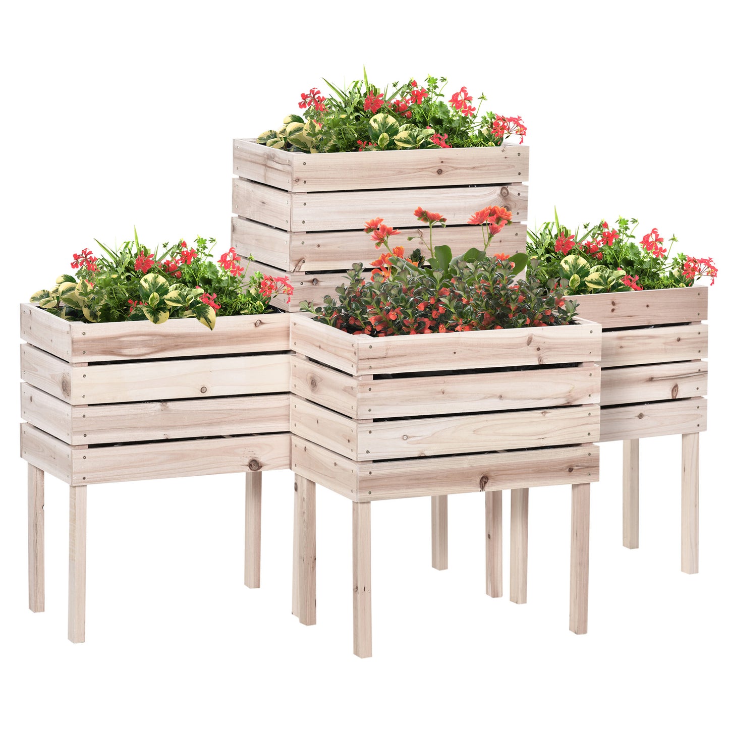Tiered wooden planter boxes with red and orange flowers for vibrant garden display