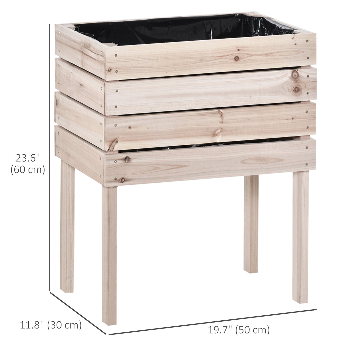 Raised garden bed natural wood tiered design with black liner and legs
