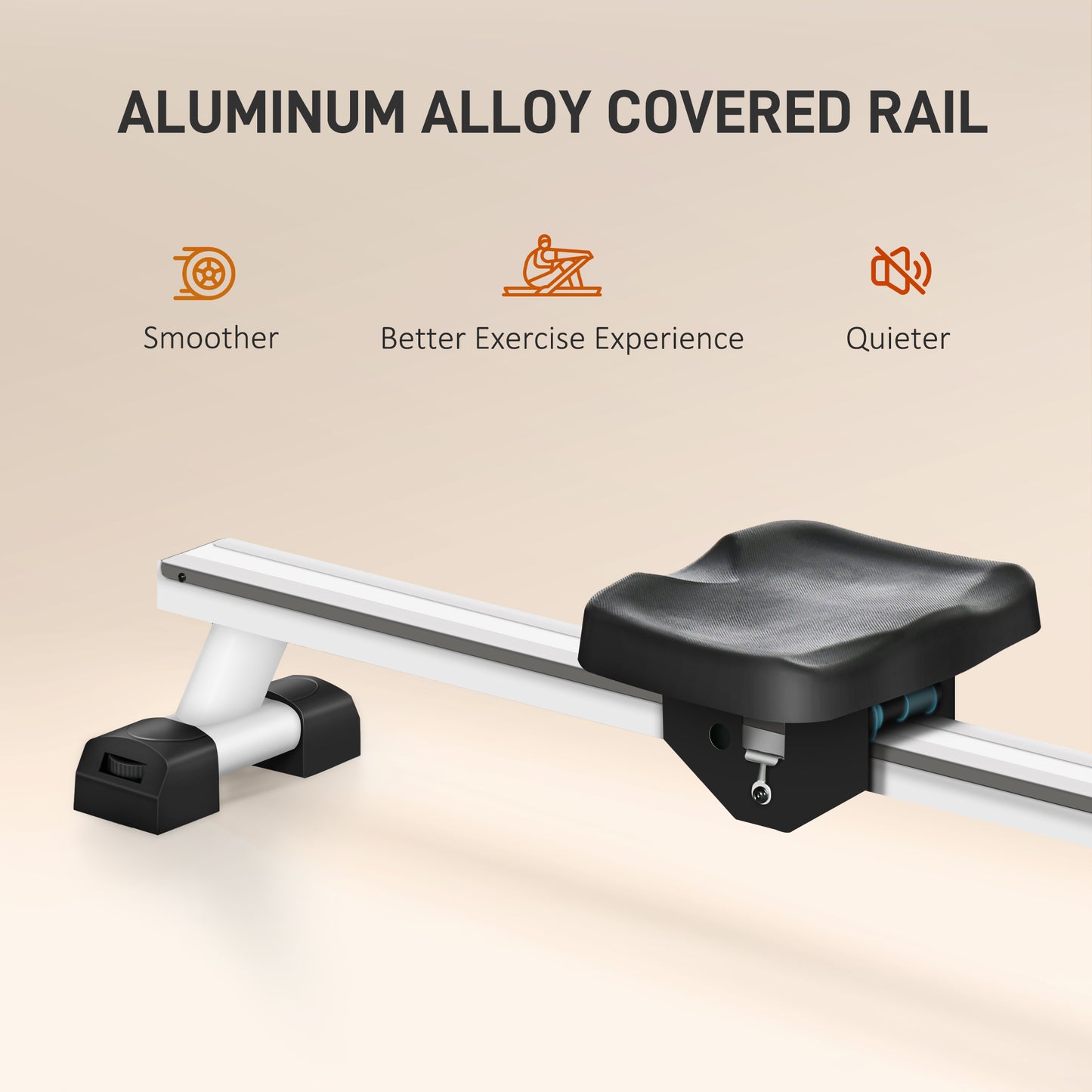 Rowing machine with black seat on aluminum alloy covered rail
