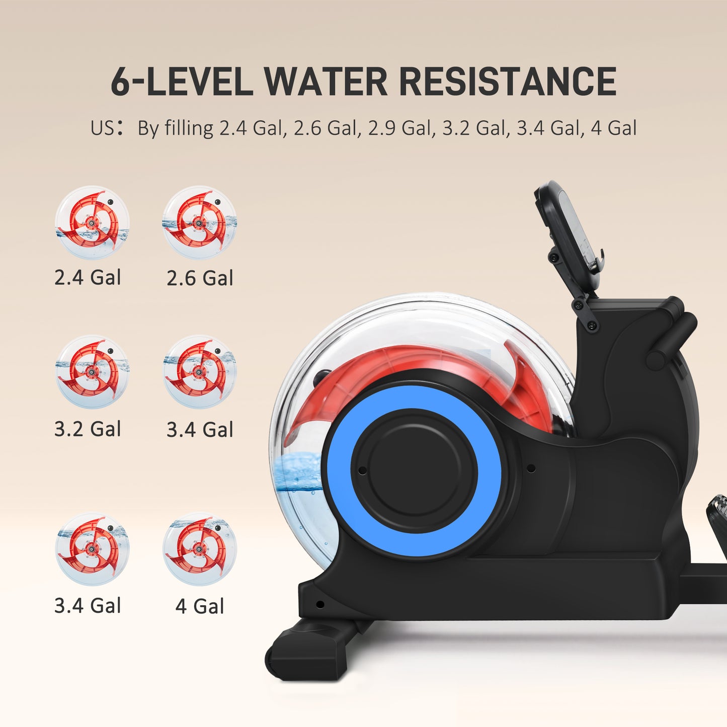 Water rower with adjustable level resistance displaying water levels from to gallons for custom workouts