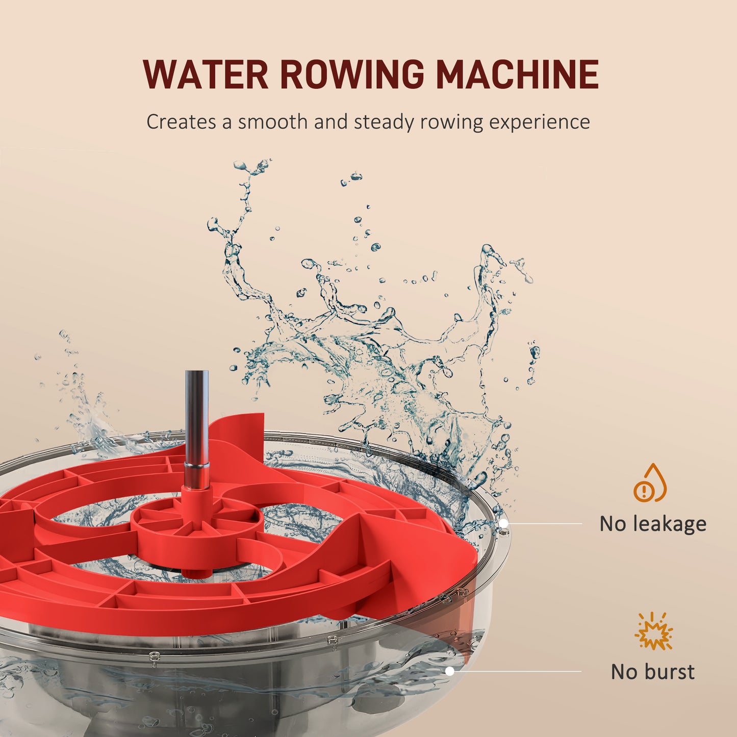 Closeup of a red water rowing machine impeller with water splashing around it