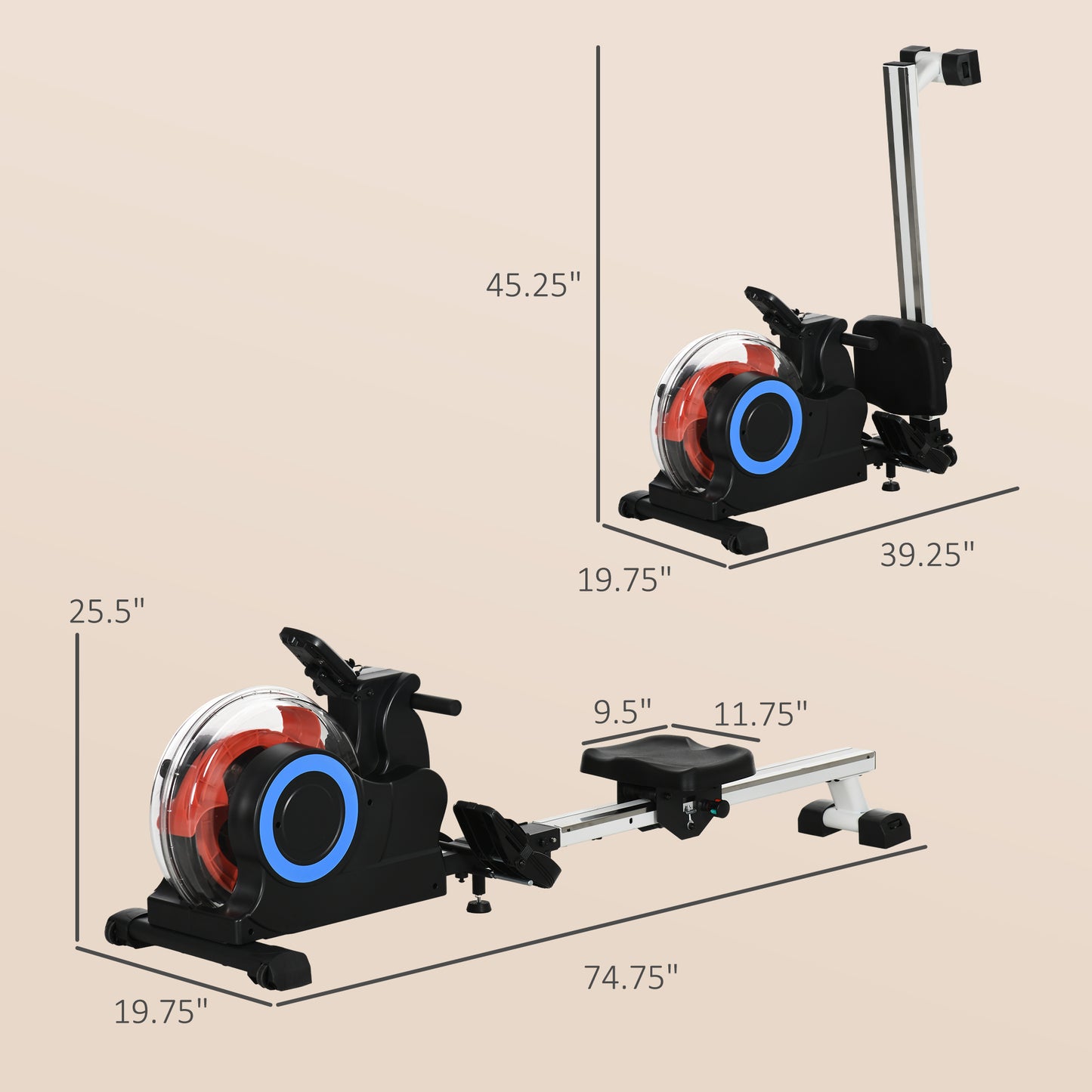 Black and silver water rowing machine with clear water tank and blue accent ring