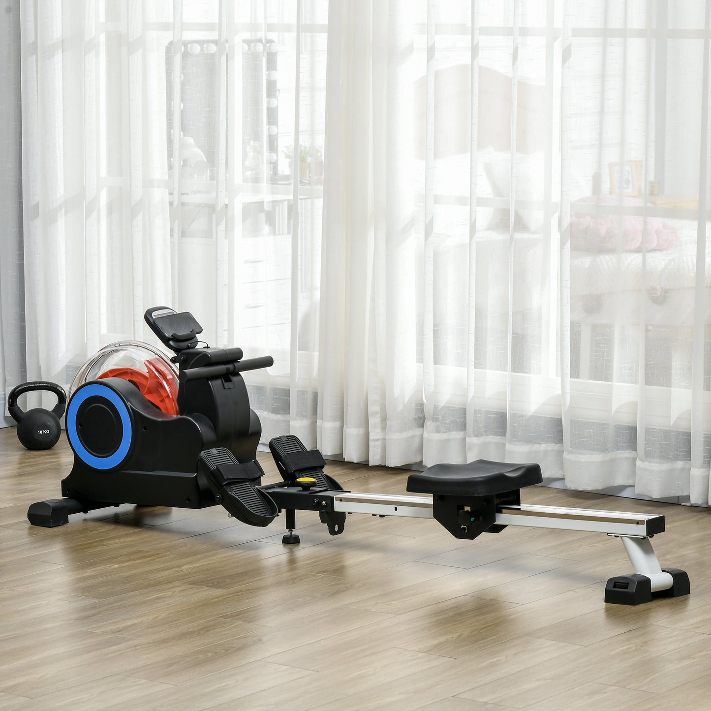 Black water rower machine with blue accents and red interior for home gym workouts