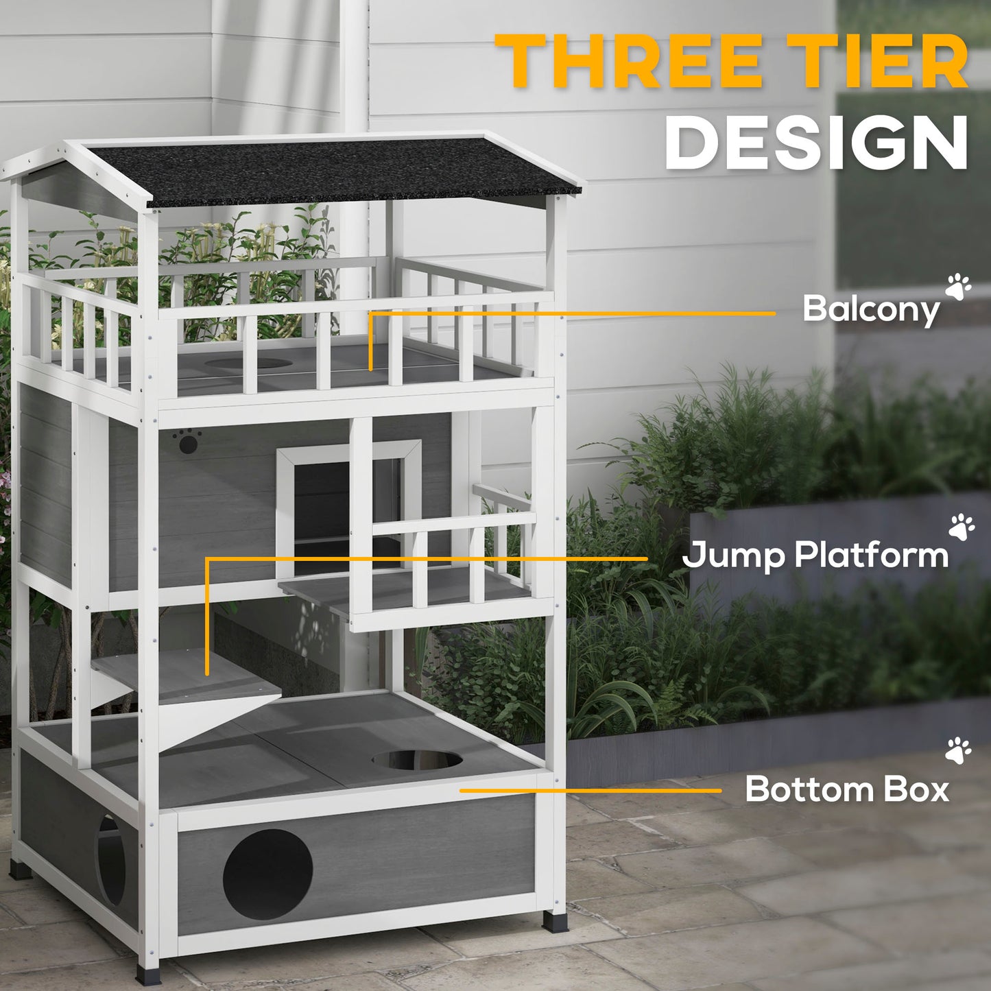 Threetier outdoor cat house with gray and white wood offering multiple levels and shelter