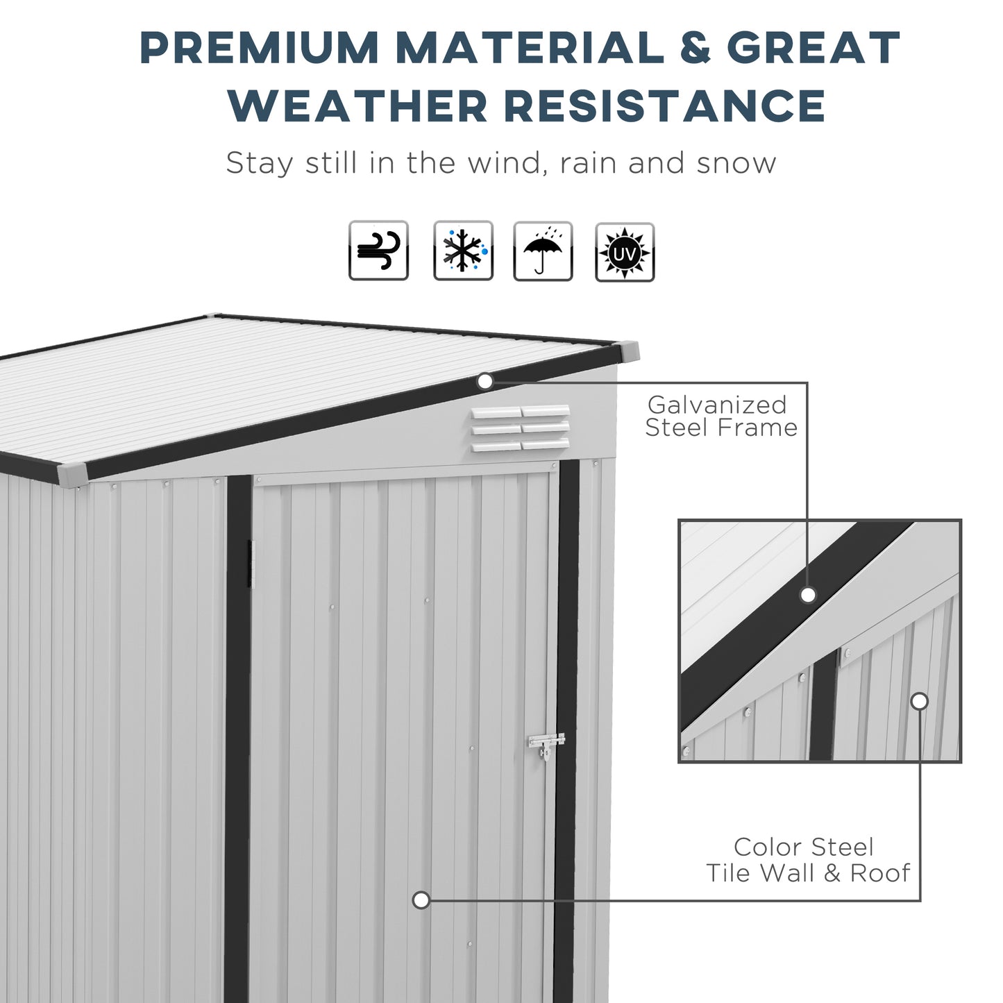 Light gray metal storage shed with galvanized steel frame and color steel roof