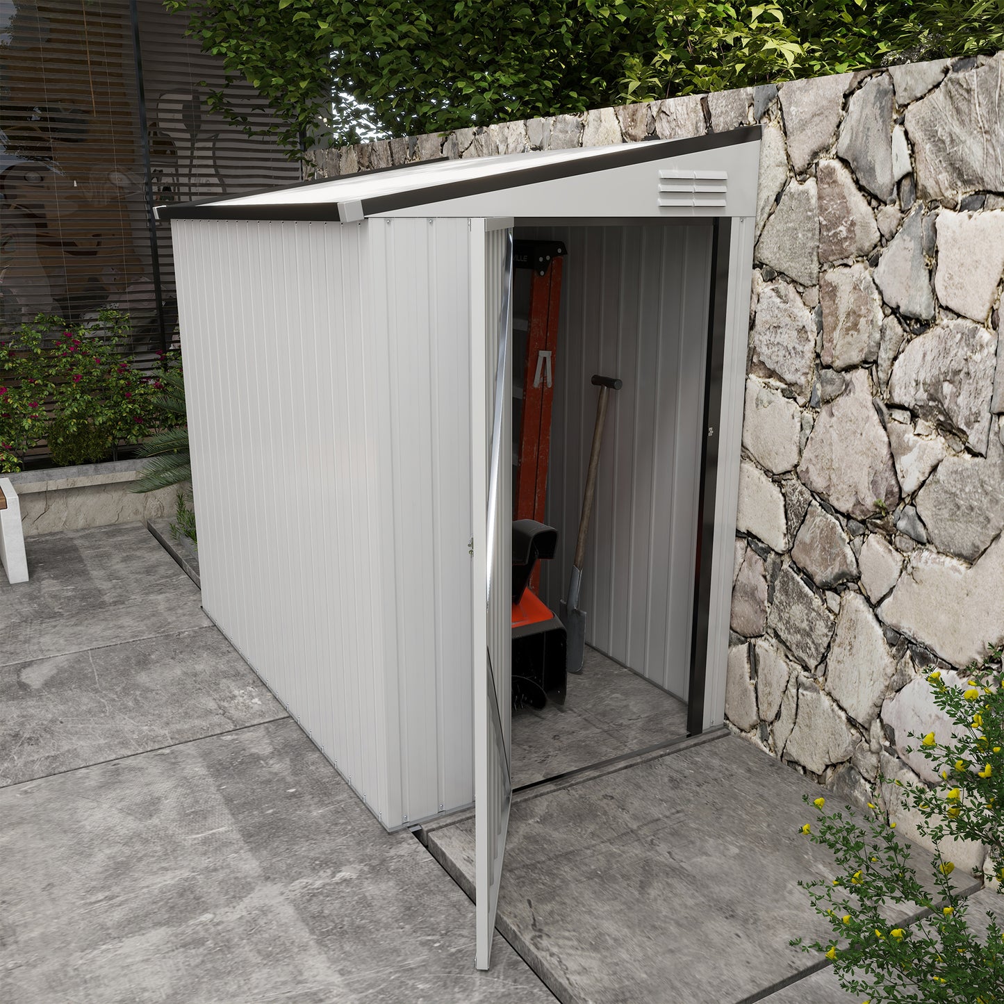 Modern white metal garden shed with open door revealing tools inside