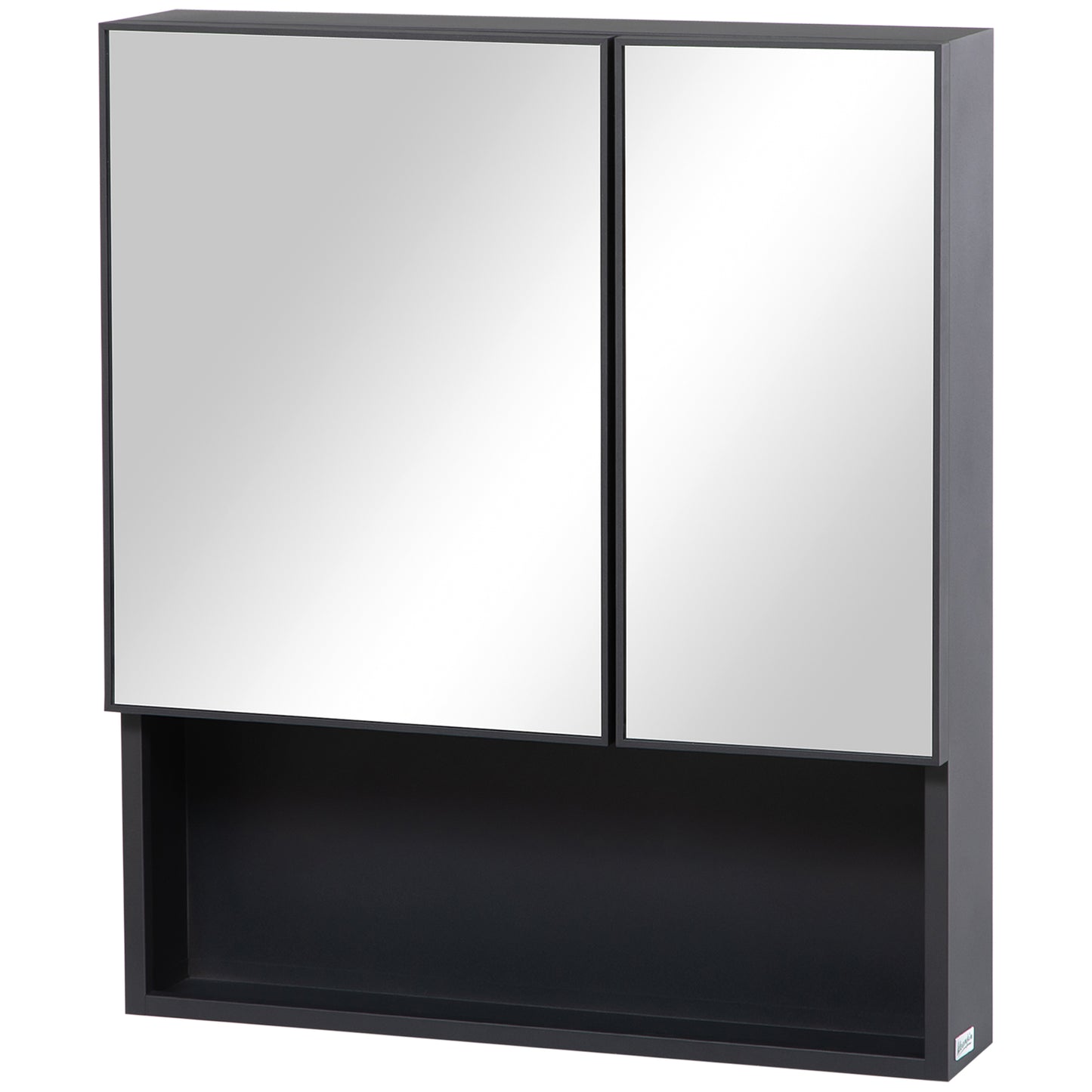 Modern black medicine cabinet with two mirrored doors and a lower shelf