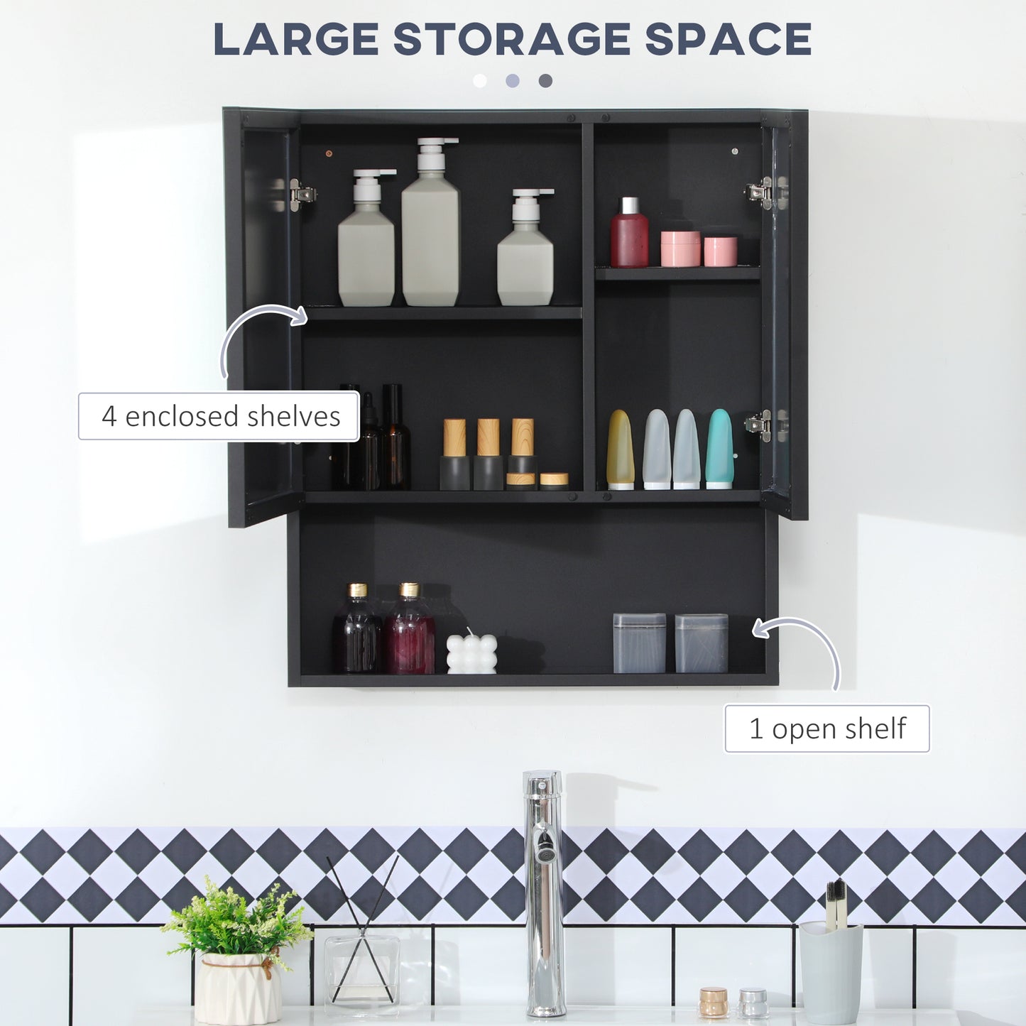 Black medicine cabinet with enclosed shelves displaying lotions bottles and travel containers