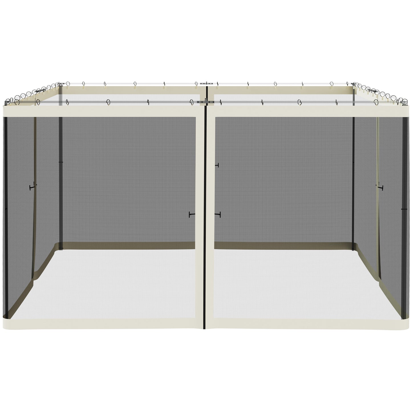 Rectangular mosquito net tent with beige frame and black mesh sides ideal for outdoor patios