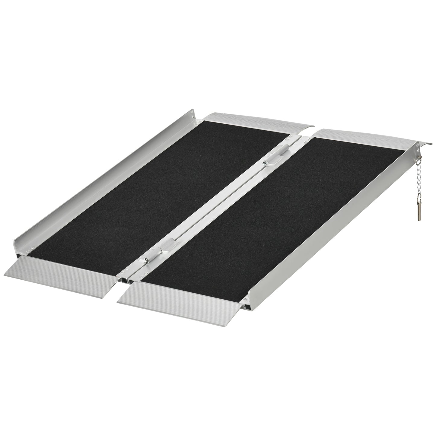 Foldable aluminum wheelchair ramp with black nonslip surface and chain latch