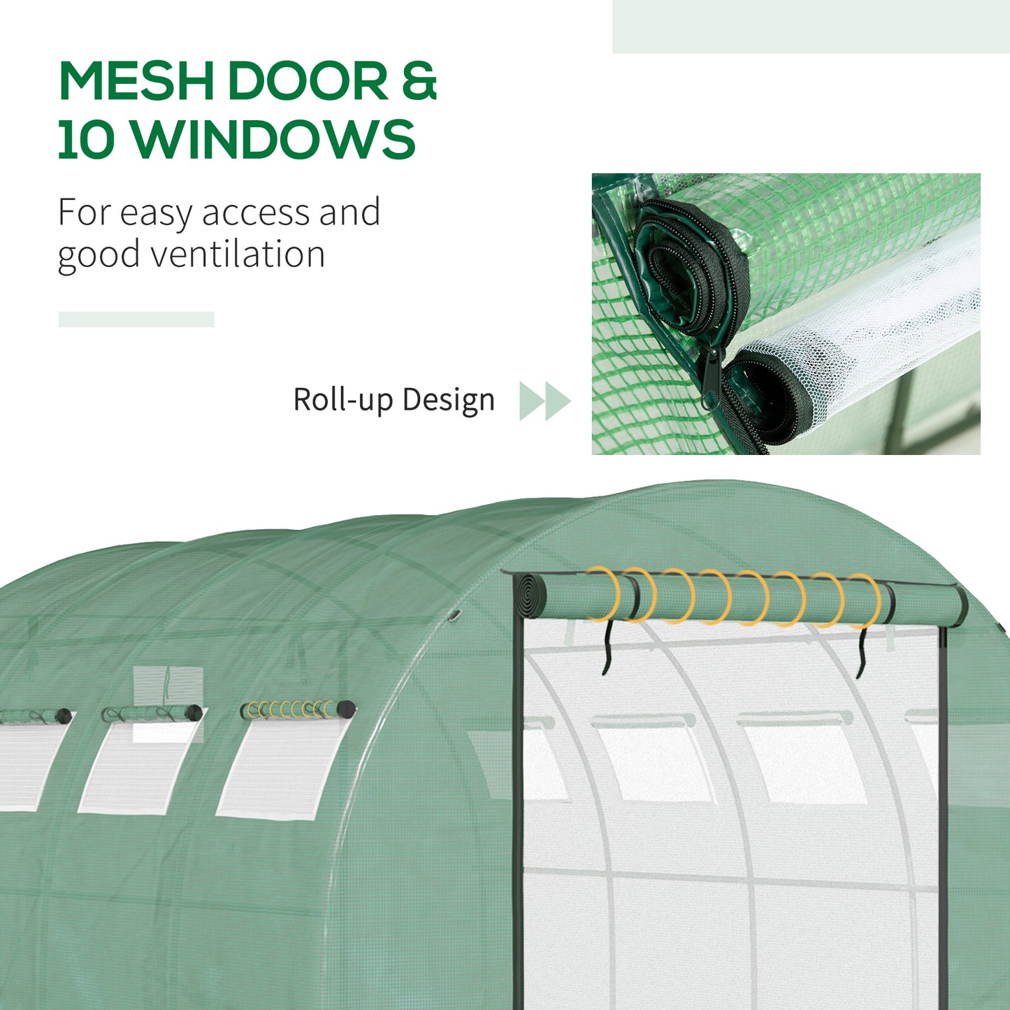 Green greenhouse with rollup mesh doors and ten ventilation windows for gardening