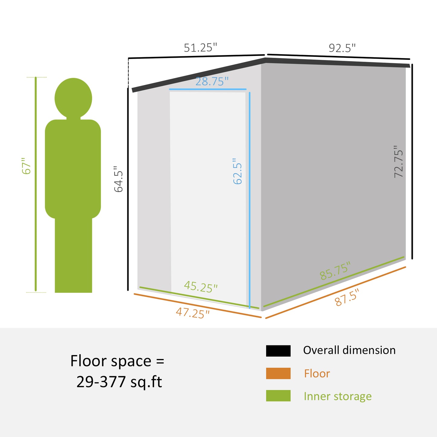 Diagram showing shed dimensions person scale x floor space
