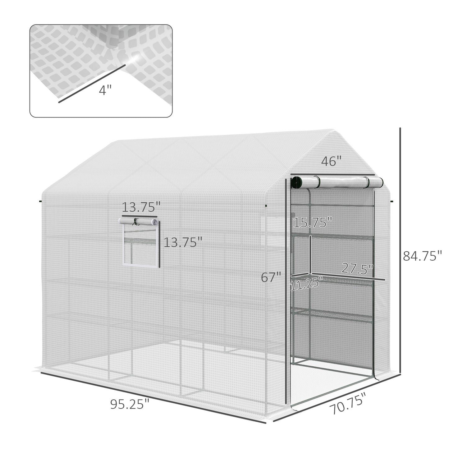 White portable greenhouse with shelves and rolledup door for gardening