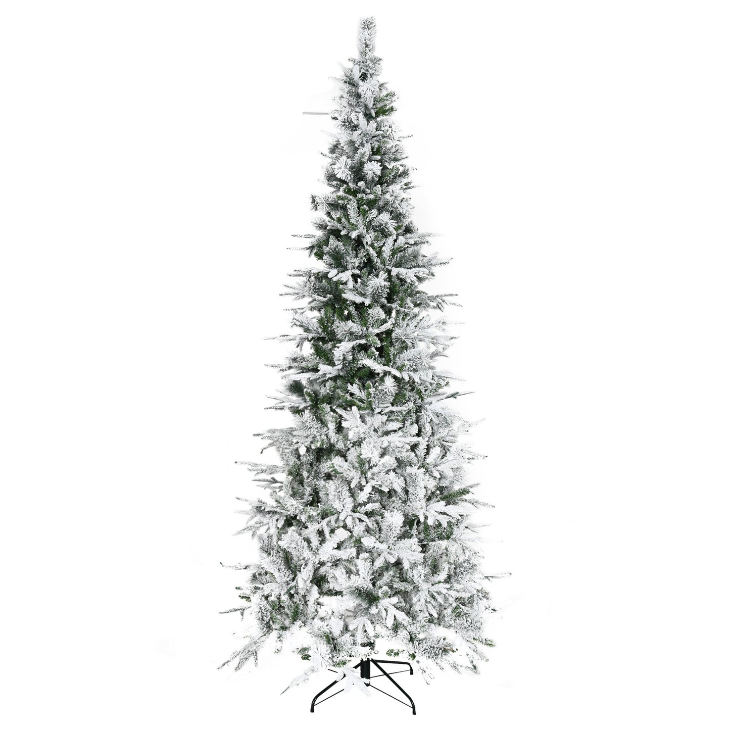 Flocked artificial Christmas tree with a slender profile and flocked branches