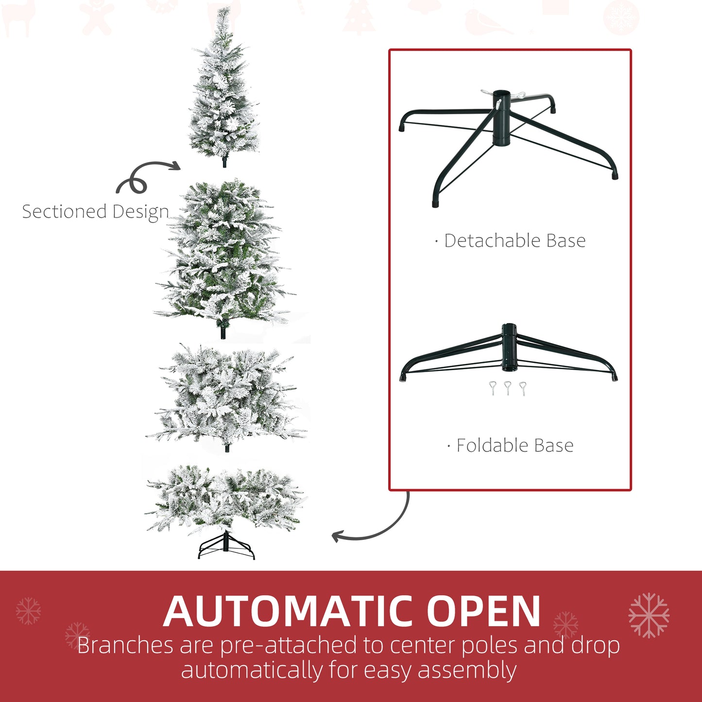Flocked artificial Christmas tree sections with snow and pine needles