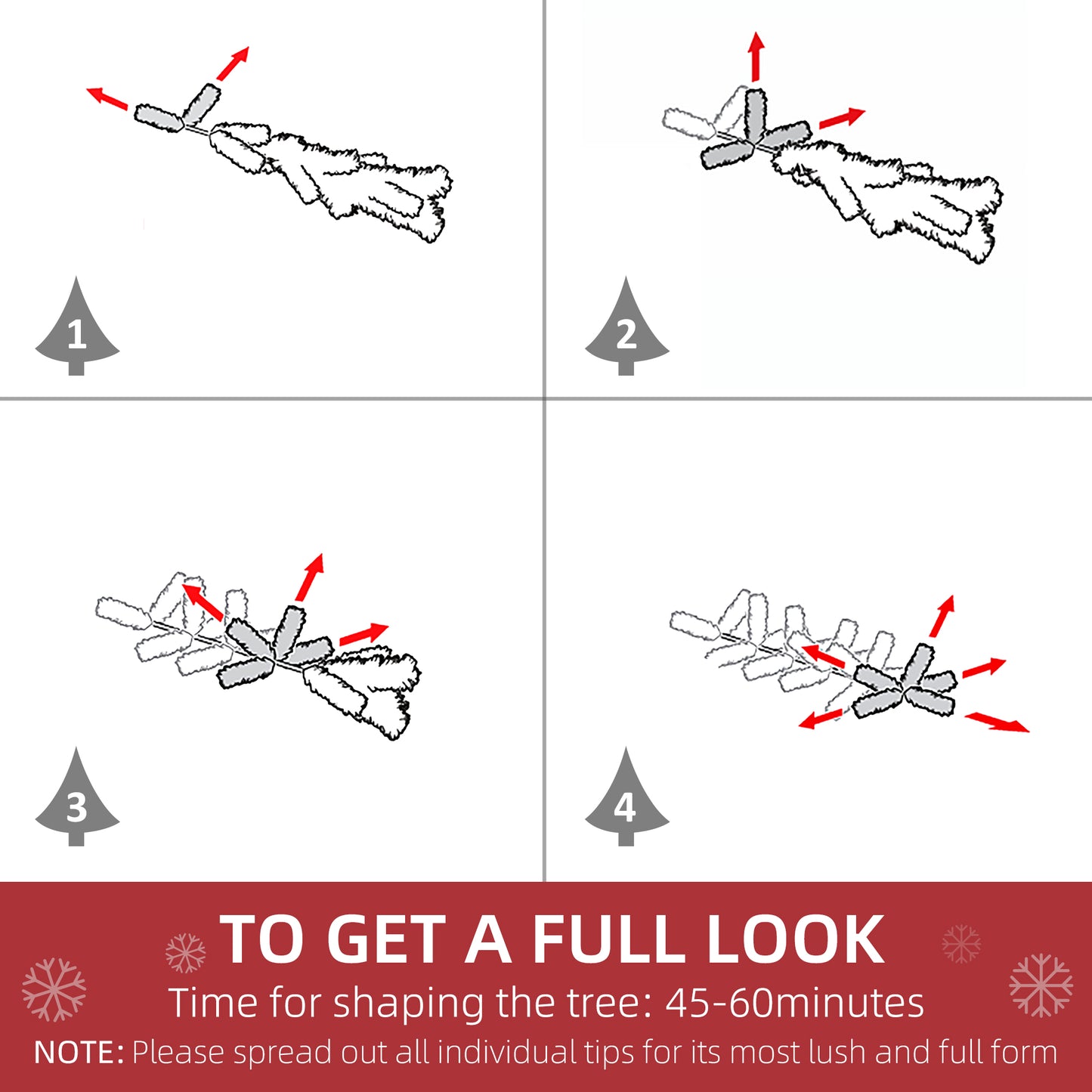 Step of Illustration showing how to shape artificial Christmas tree branches by pulling them outward