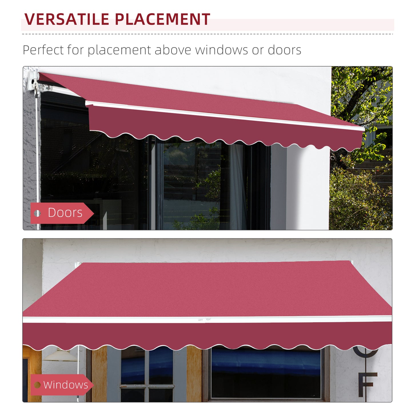 Crimson red retractable awning installed above a modern home door for shade