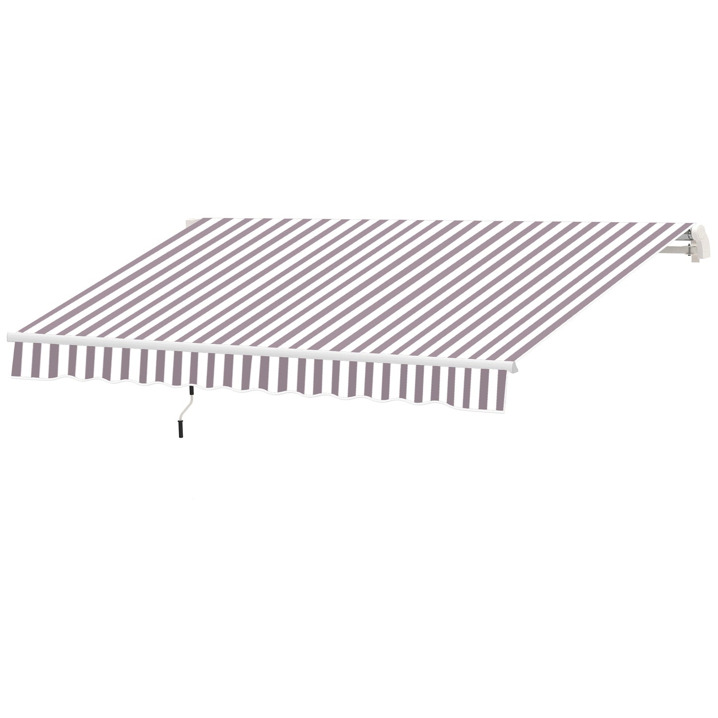 Retractable awning with purple and white diagonal stripes and a scalloped valance