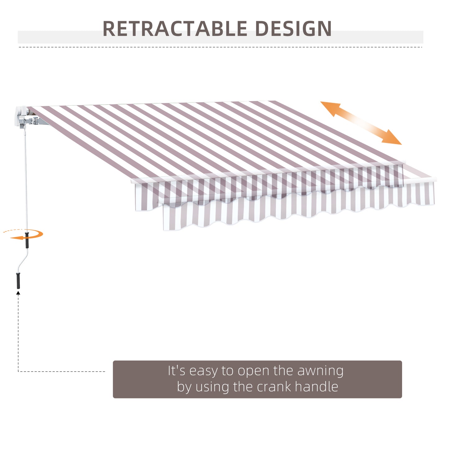 Striped retractable awning in mauve and white extended with crank handle