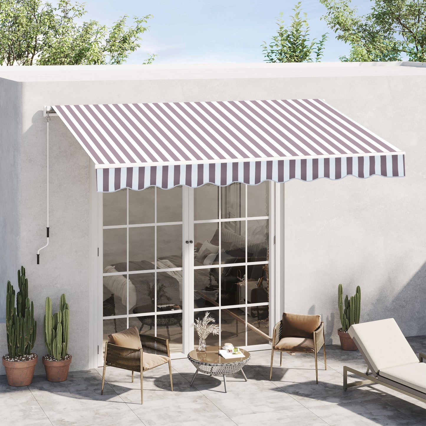 Purple and white striped retractable awning providing shade for a patio area