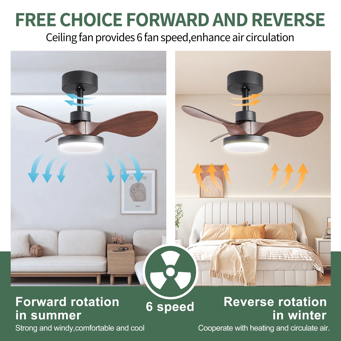 Black ceiling fan with wooden blades LED light and speed settings for air circulation