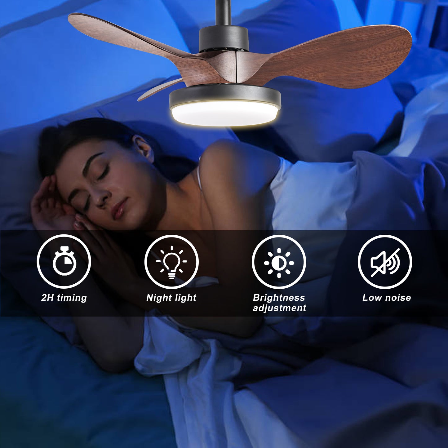 Modern ceiling fan with dark wood blades and integrated LED light perfect for bedrooms