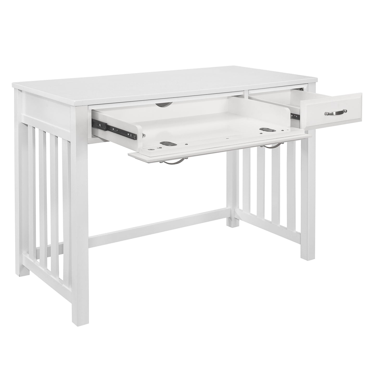 White wooden writing desk with pullout keyboard tray and drawer open