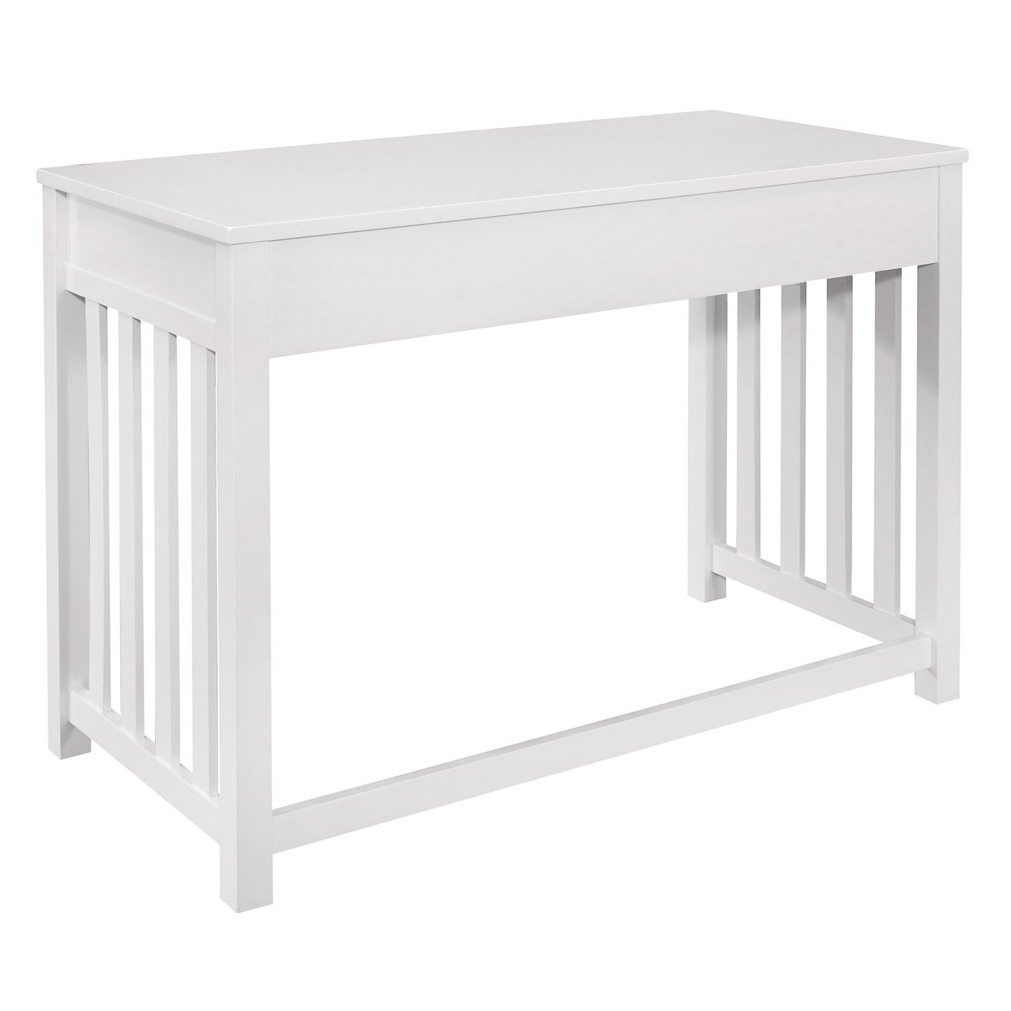 White wooden writing desk with slatted side panels and a clean modern design