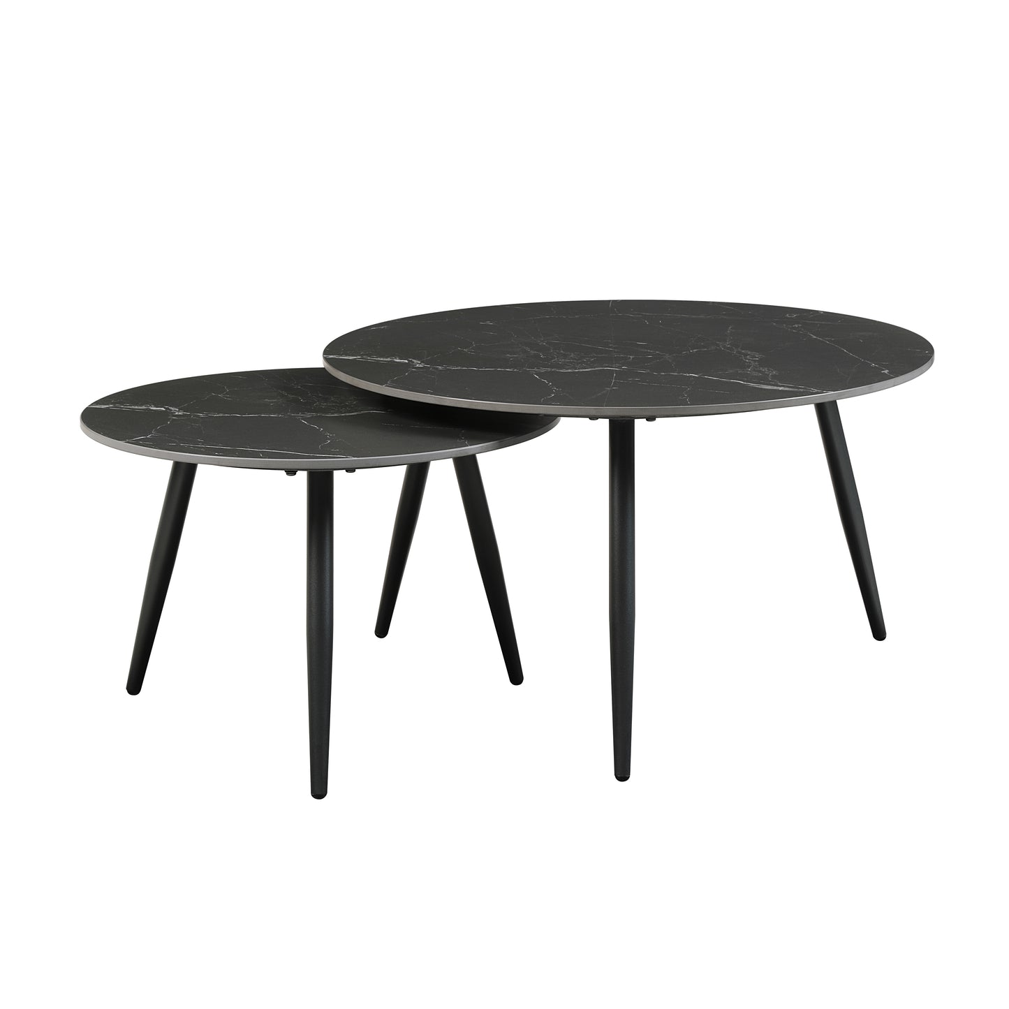 Set of two round nesting coffee tables with black marbleeffect tops and black metal legs