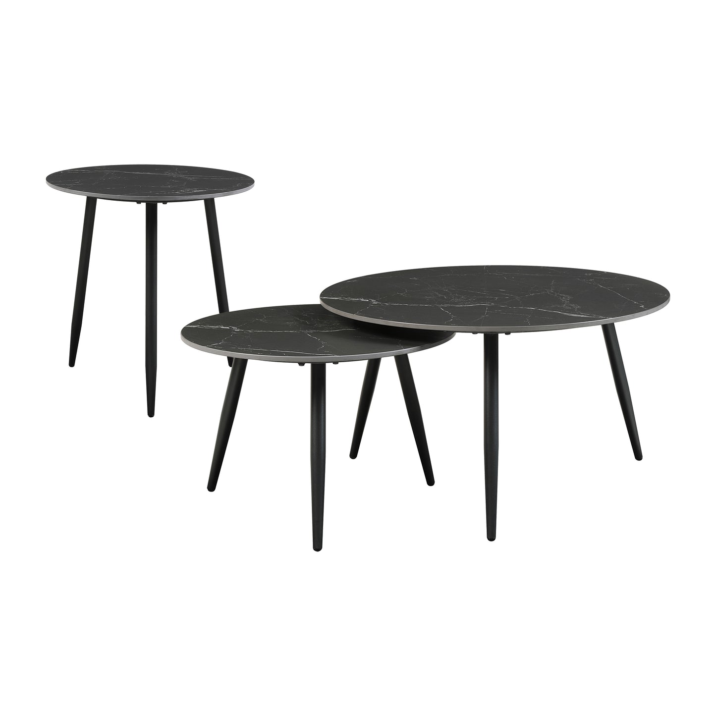 Set of modern nesting tables with black marble tops and black metal legs