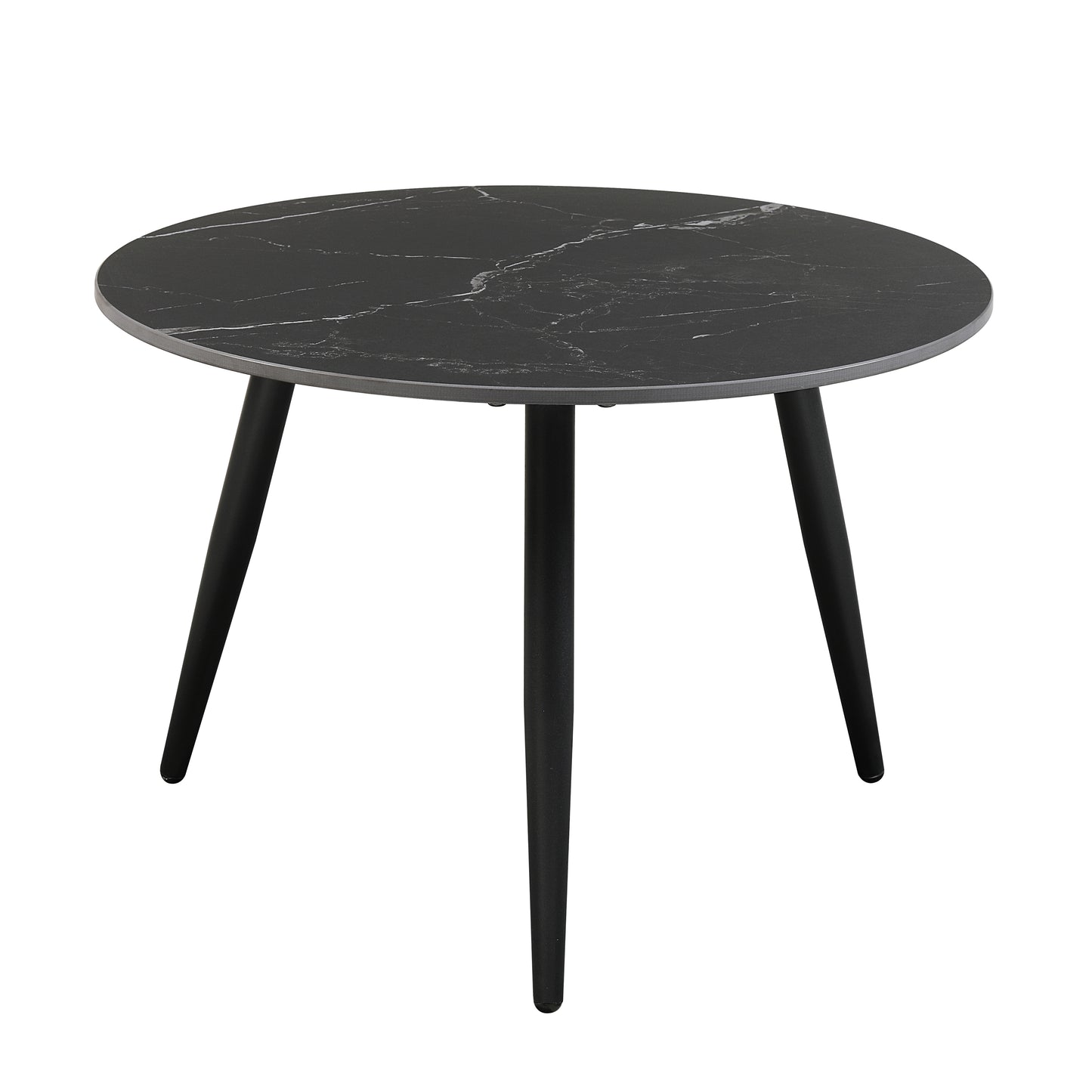 Black marble effect round coffee table with three tapered black legs