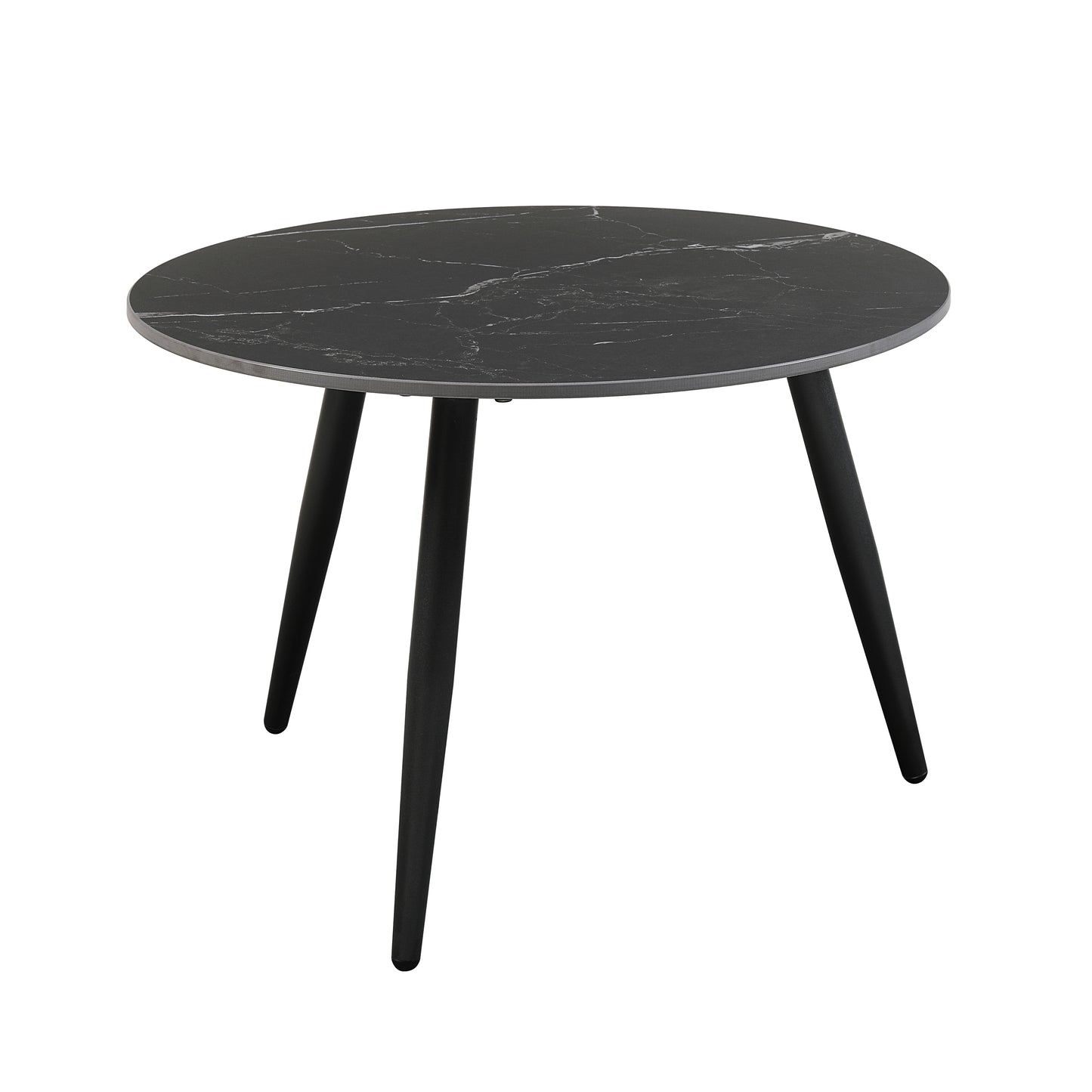 Black marble round coffee table with three tapered black legs