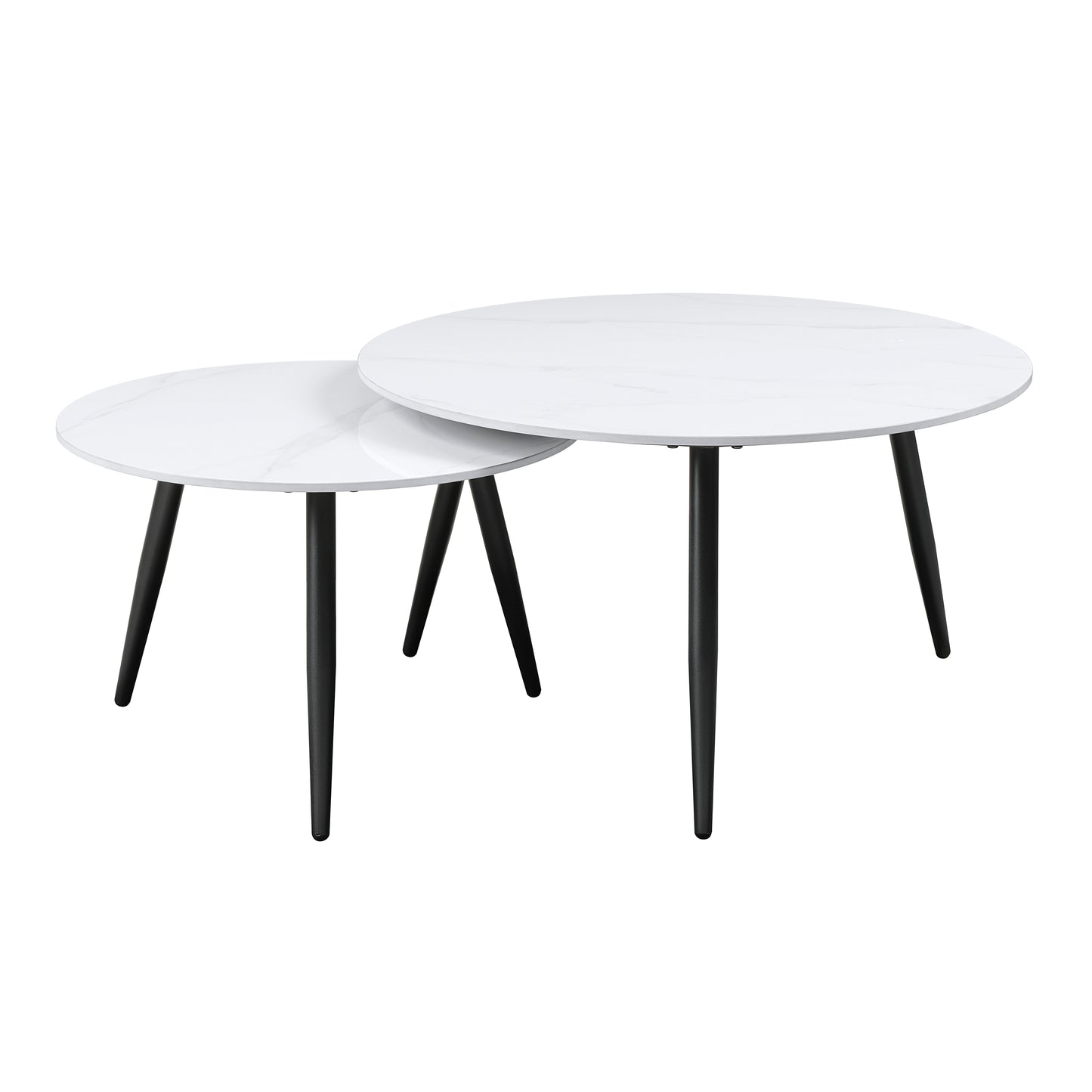 White marble nesting coffee tables with black tapered legs