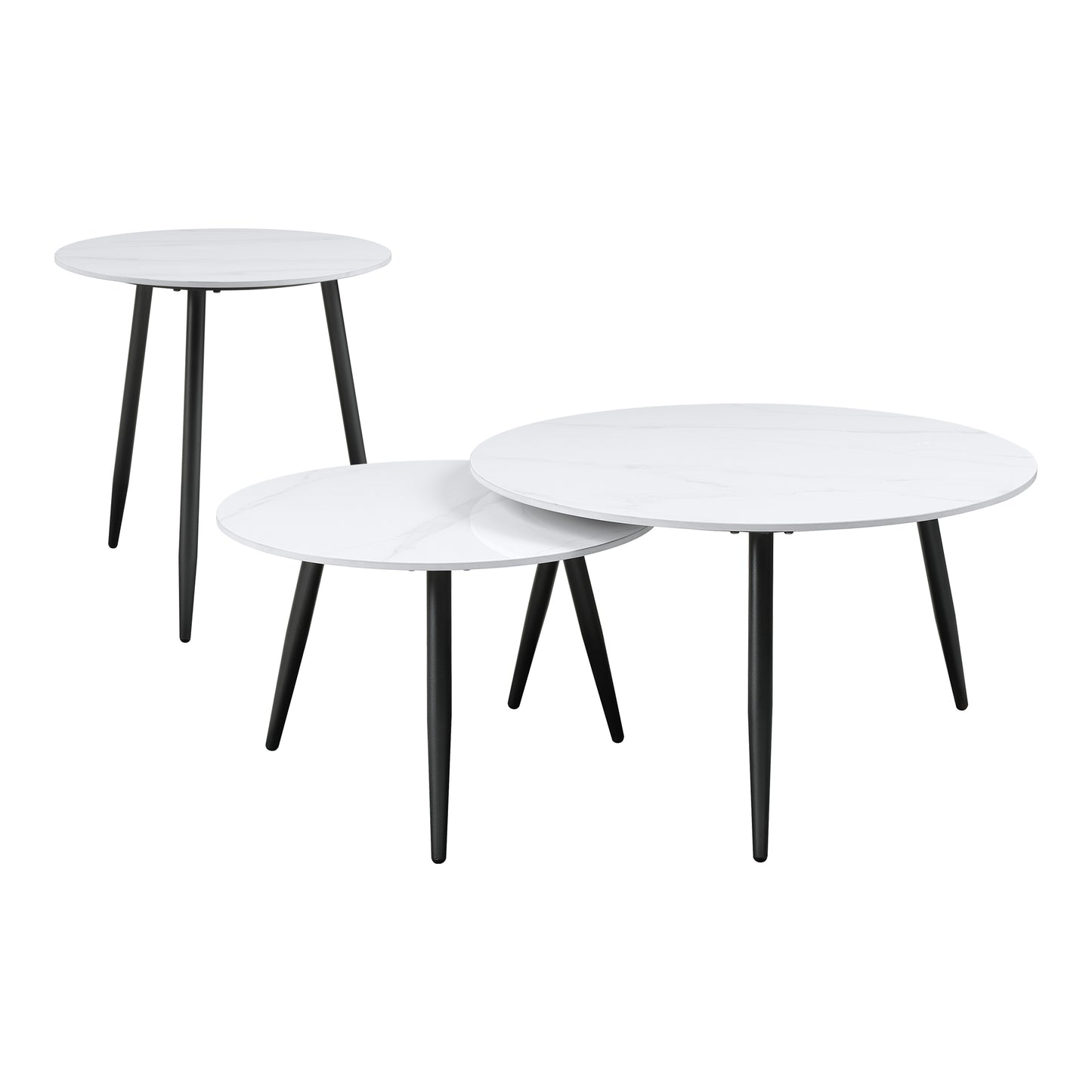 Set of white marble nesting tables with black tapered legs for a modern living room accent