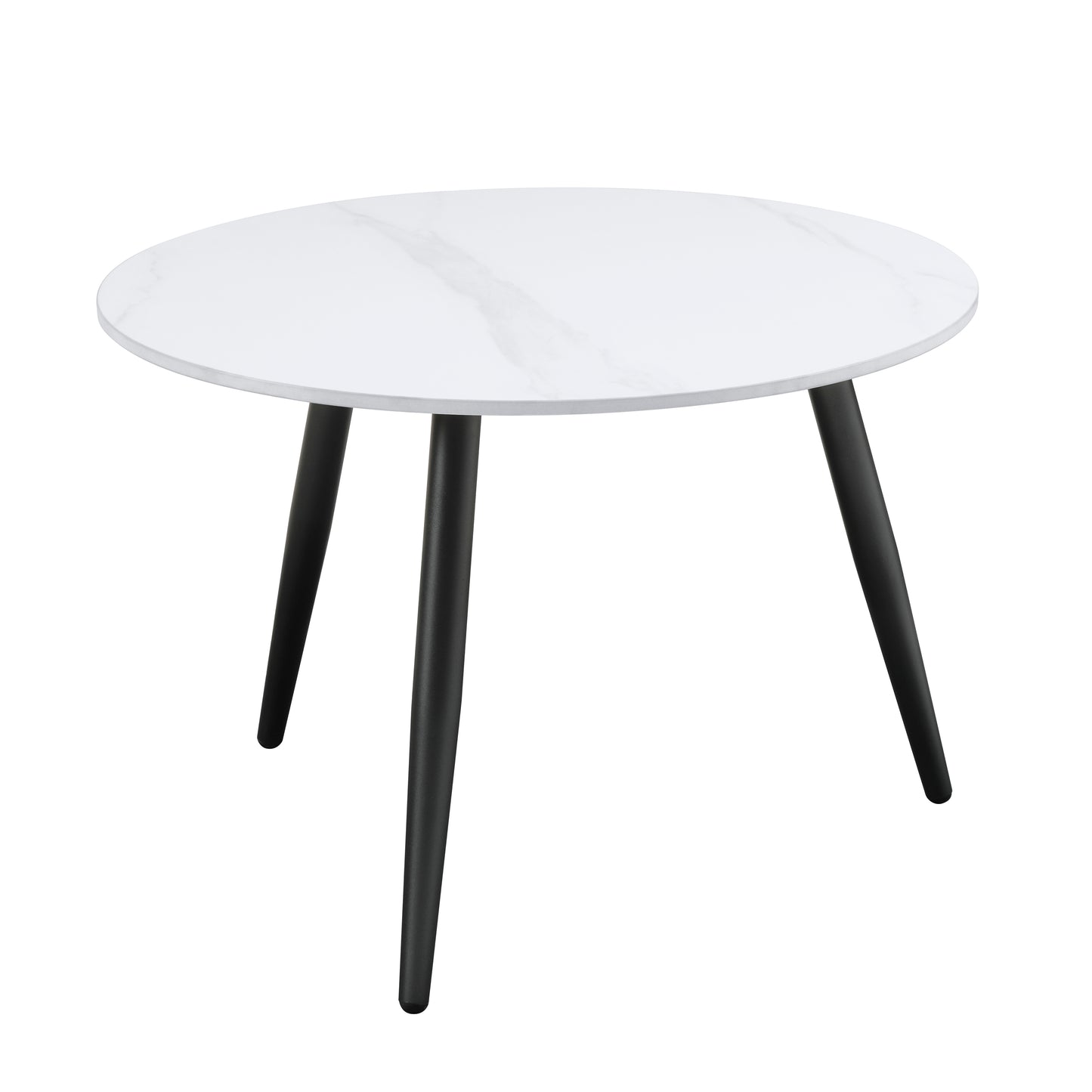 Round white marble coffee table with black tapered legs