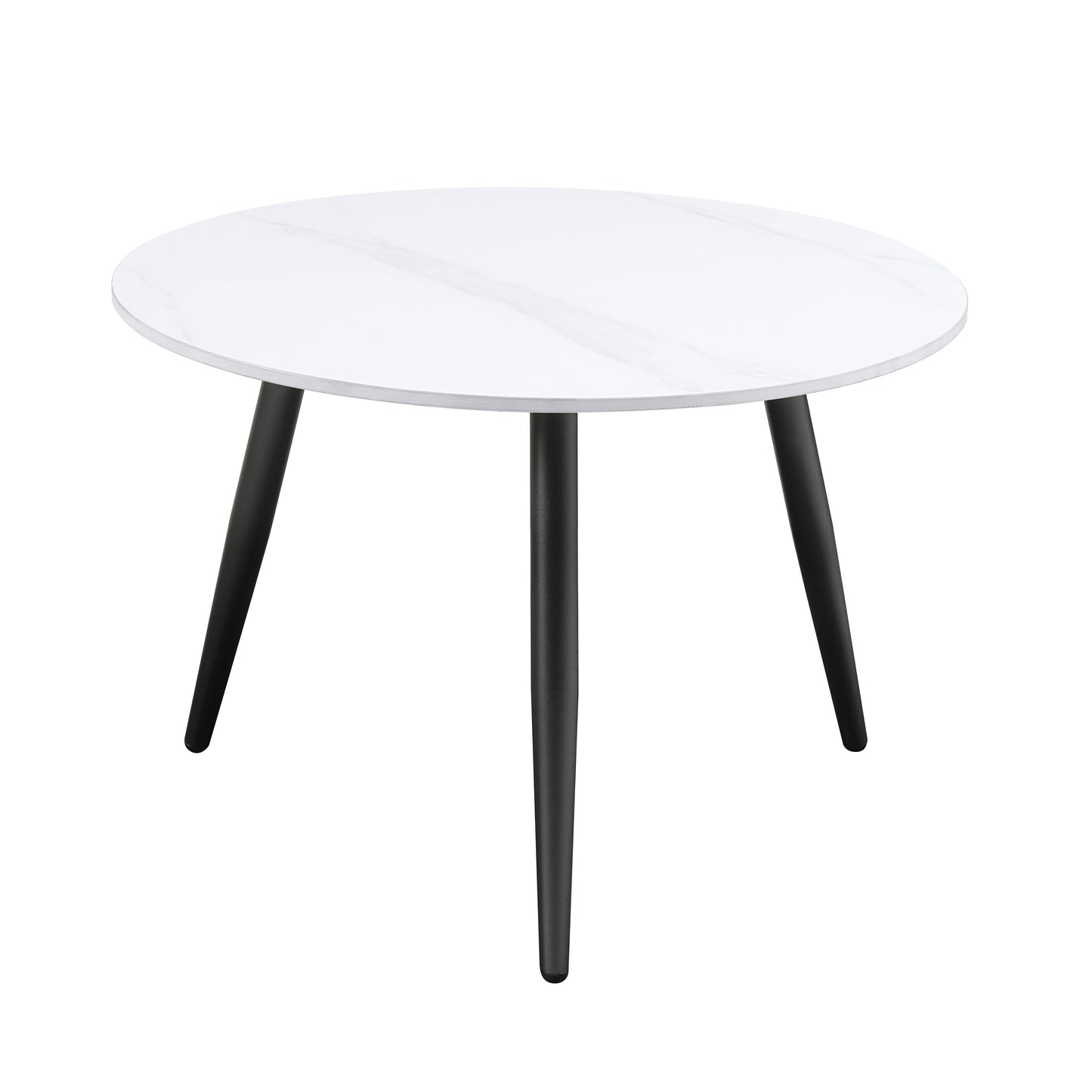 Modern round coffee table with white marblepatterned top and three black tapered legs