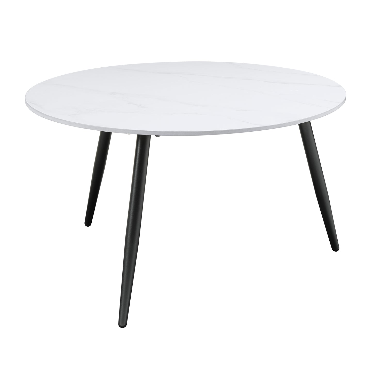 White marble top round coffee table with black tapered legs