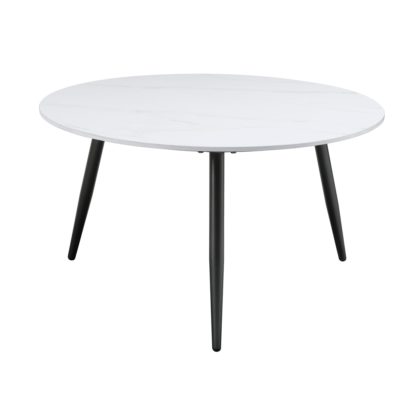 White marble effect round coffee table with black tapered legs