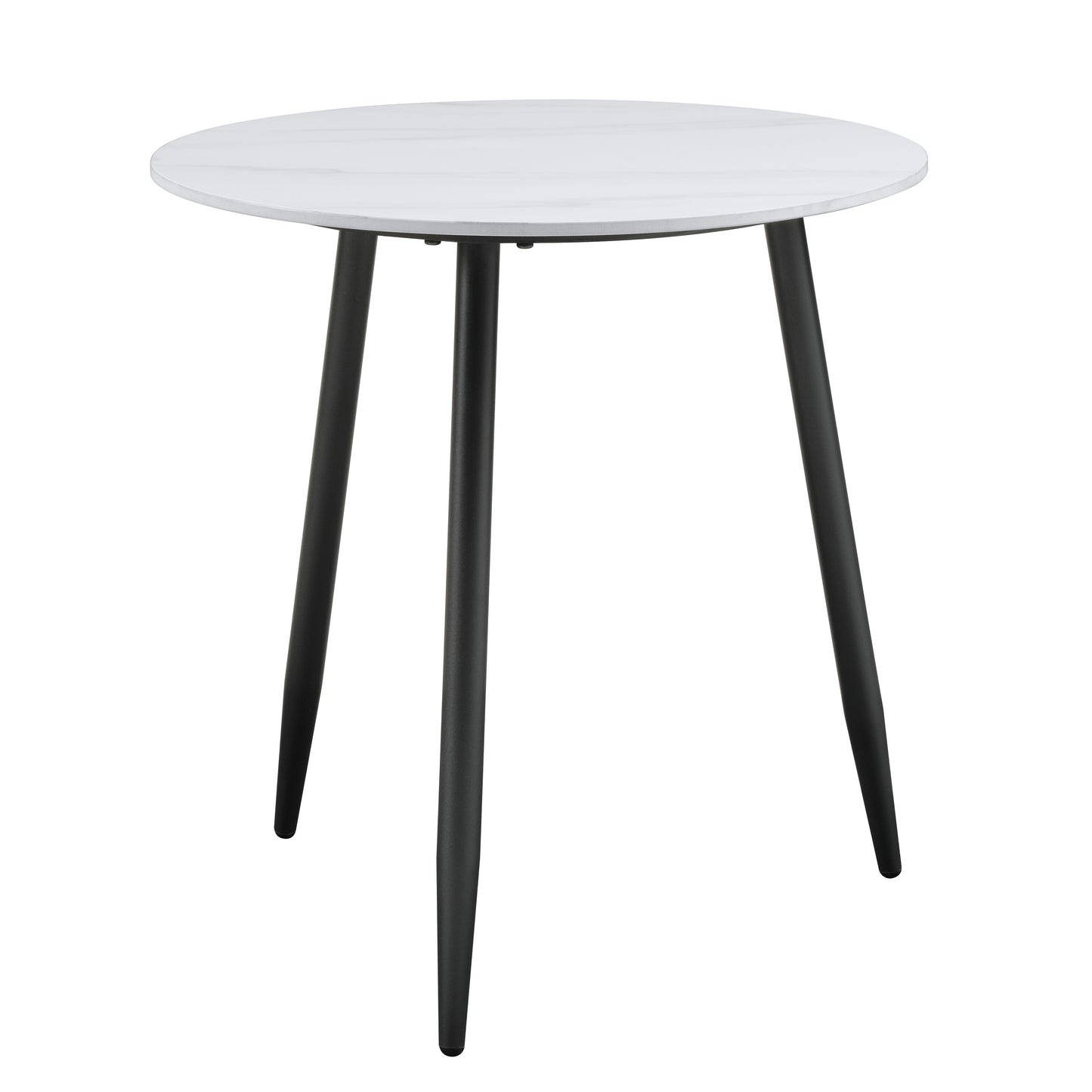 Round white marble top table with black tapered legs