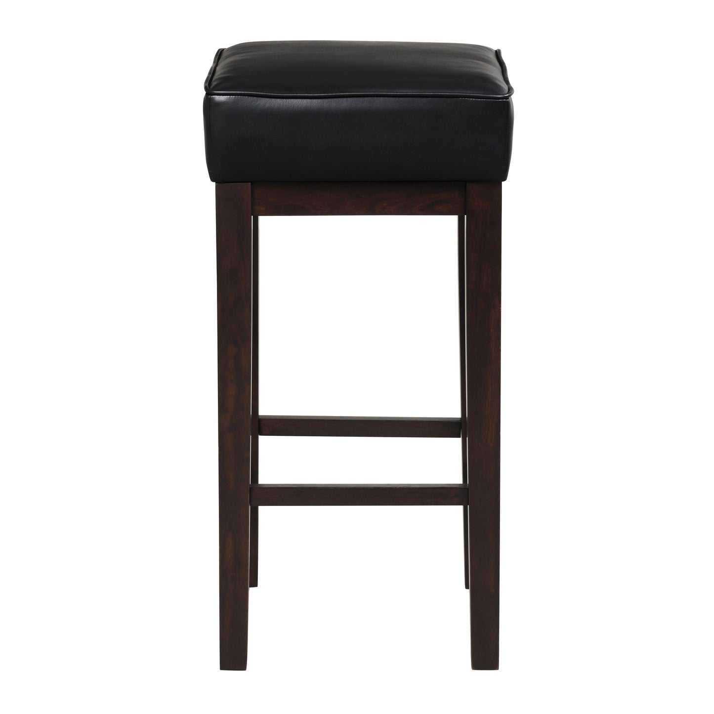 Black leather upholstered bar stool with a dark wood frame and footrest
