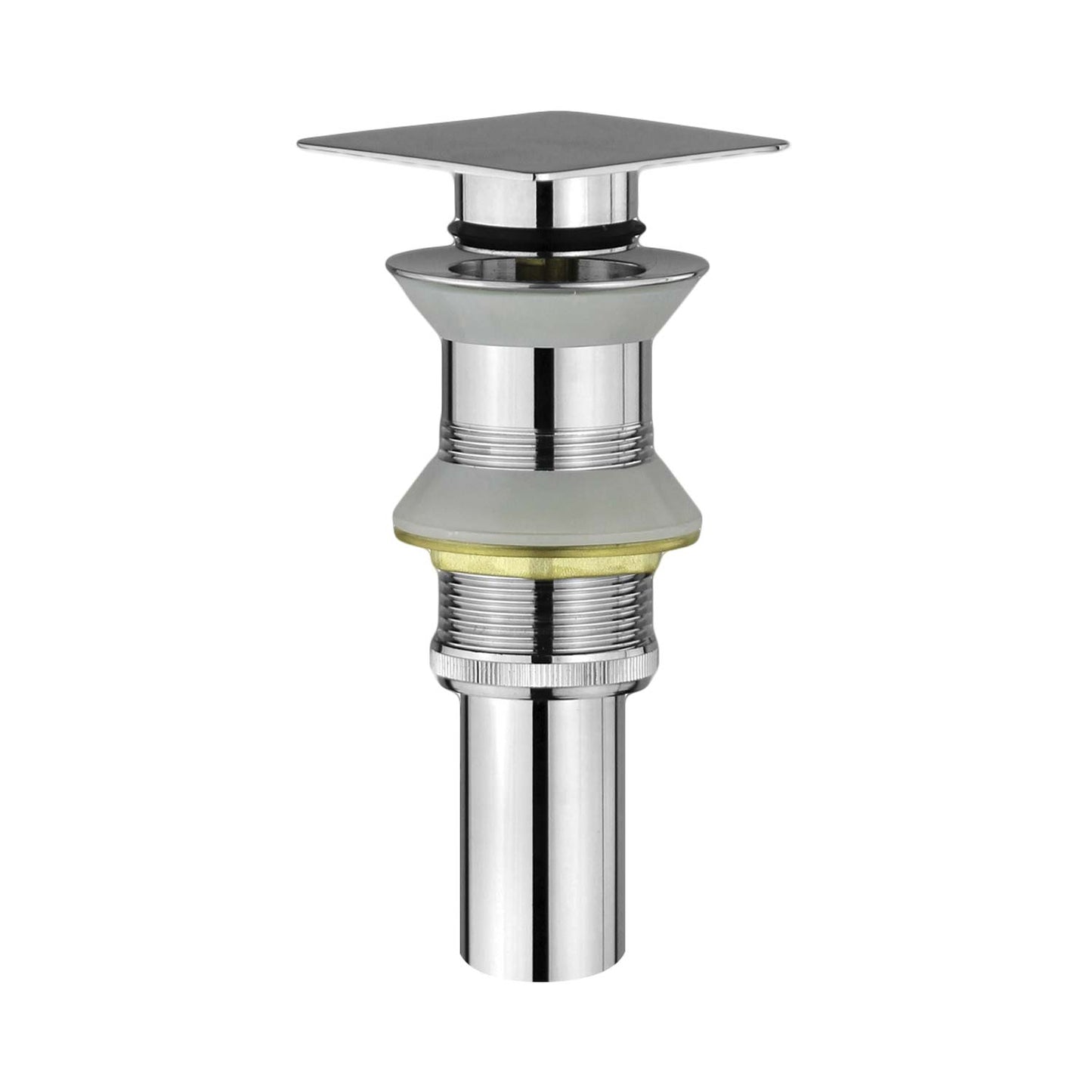 Polished chrome pop up drain assembly with square overflow cover for vessel sinks