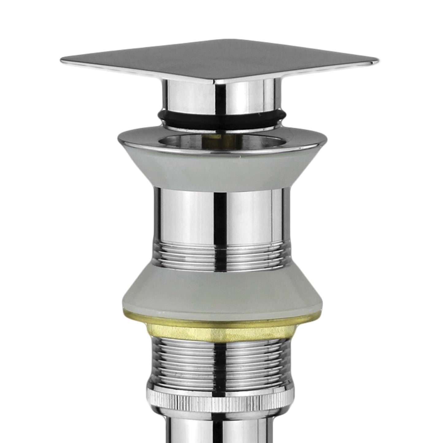 Polished chrome square popup drain assembly for vessel sinks featuring a sleek modern design