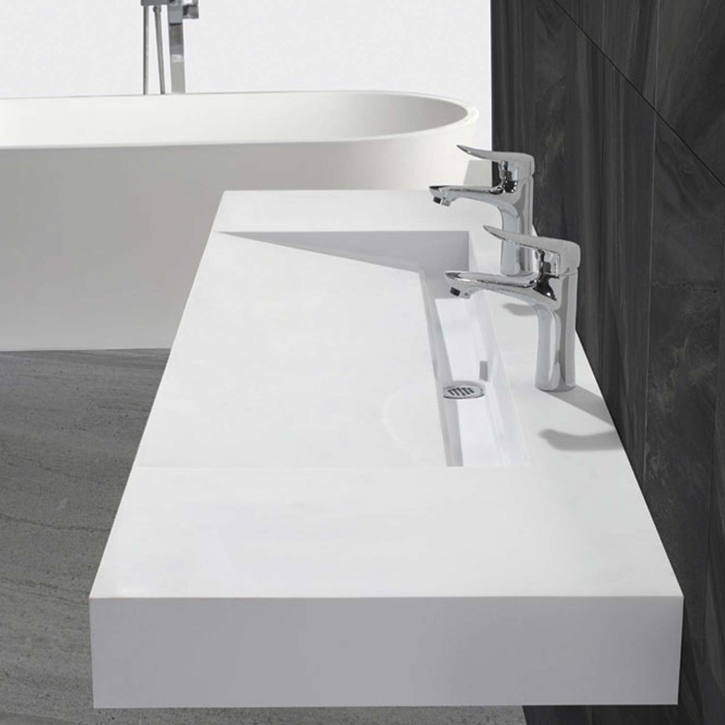 Modern white solid surface wallmounted bathroom sink with dual chrome faucets