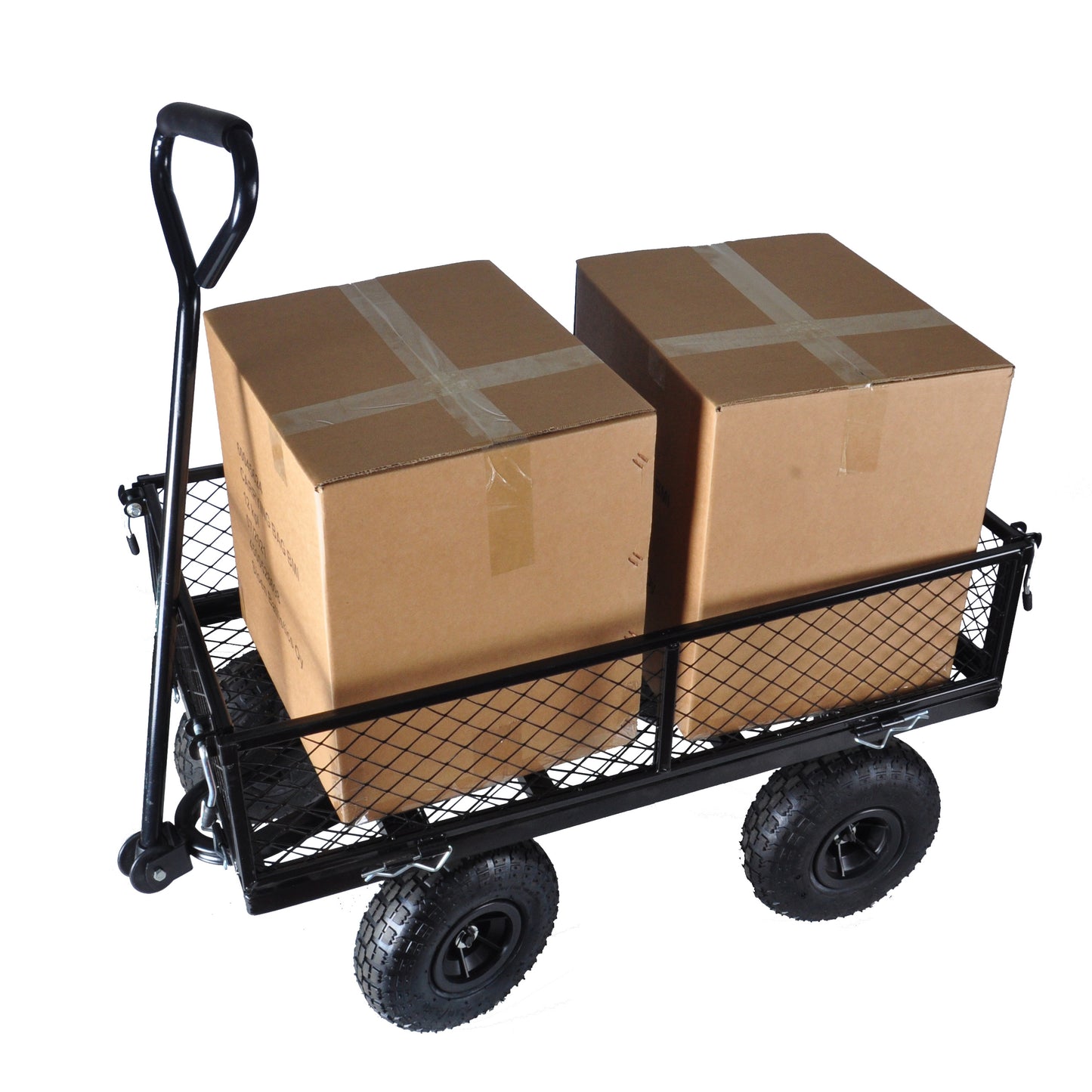 Black steel garden wagon with two large cardboard boxes for hauling supplies