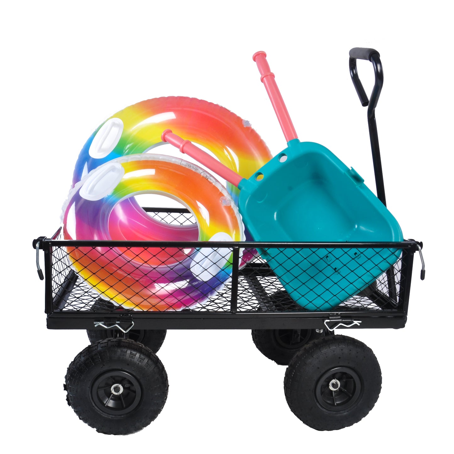 Black metal wagon loaded with rainbow inflatable rings teal scoop and pink shovel for beach trips