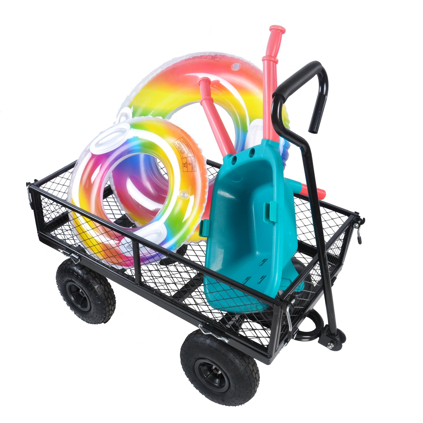 Black metal wagon filled with rainbow inflatable rings red pool noodles and a teal watering can