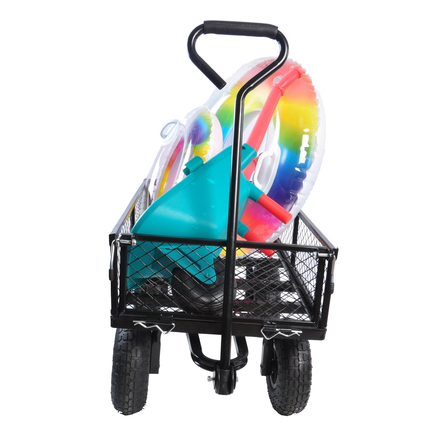 Black mesh garden wagon loaded with a teal watering can rake and rainbow inner tube
