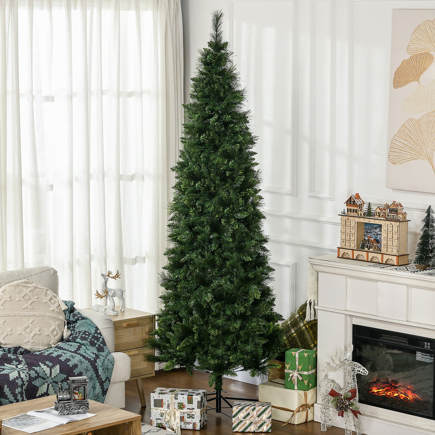 Tall full artificial Christmas tree with dense green needles for festive home decor