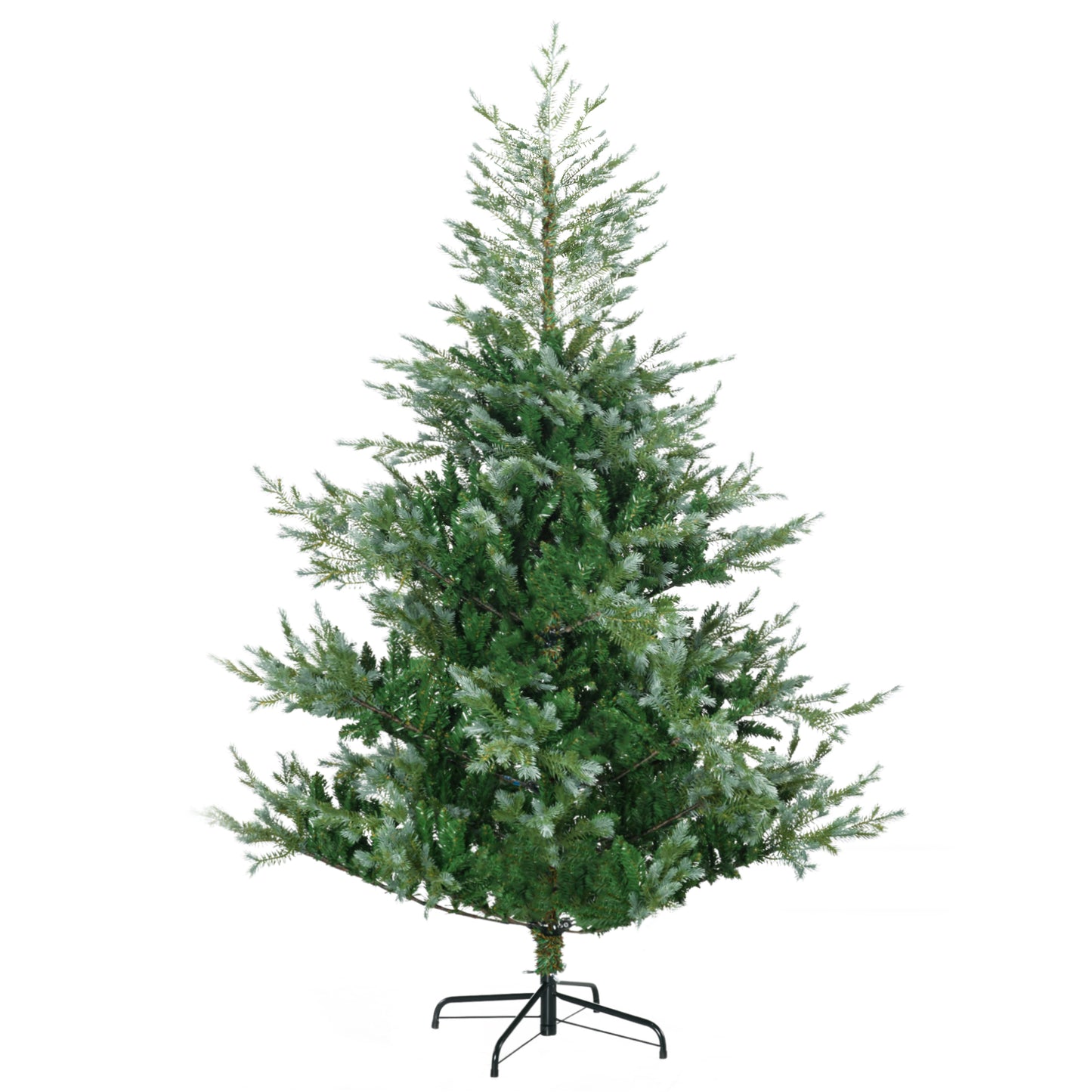 Frosted realistic artificial Christmas tree with green pine needles and a metal stand