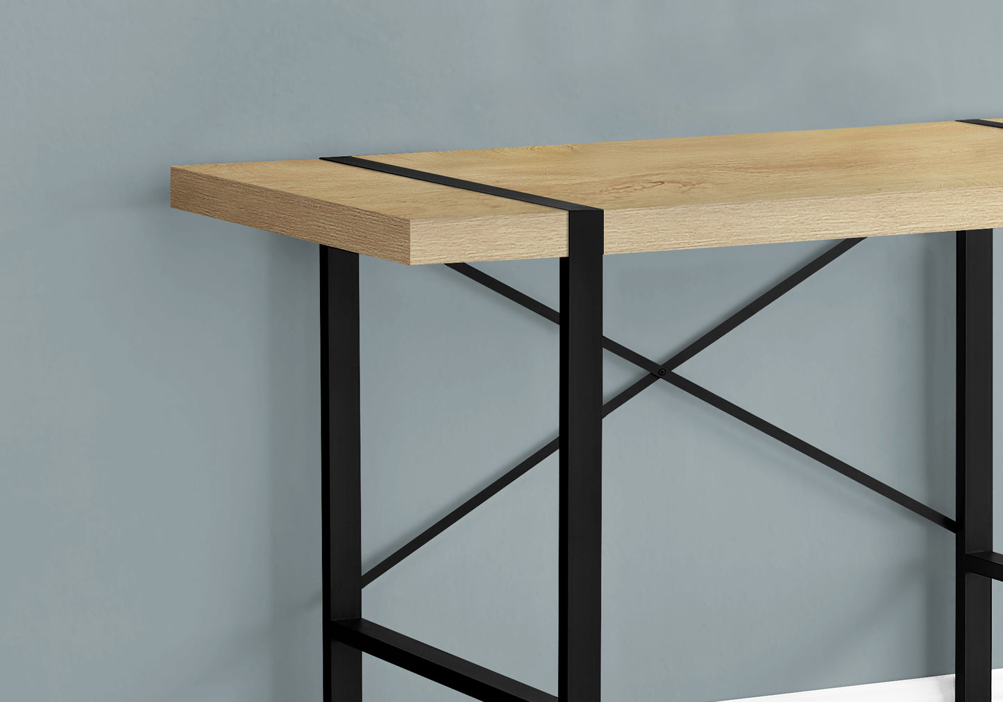 Rustic oak console table with black metal frame and crisscross support